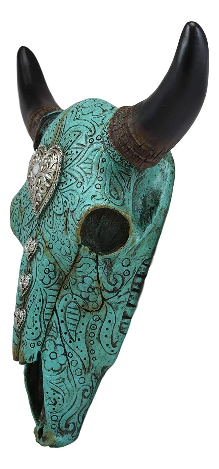 10"L Southwest Steer Bison Bull Cow Skull Turquoise With Scroll Heart Wall Decor-4