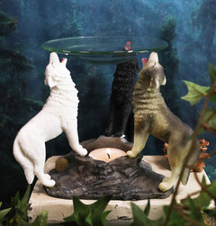 Moonlight Colorful Three Howling Wolves Oil & Wax Tart Burner Figurine-1