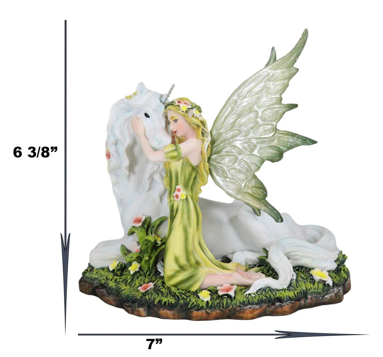 Green Earth Gaia Fairy With Rare Floral White Unicorn Statue Decor Figurine 7"L-3