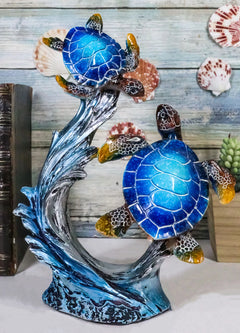 Nautical Blue Sea Turtle And Baby Swimming By Ocean Currents And Waves Figurine-1