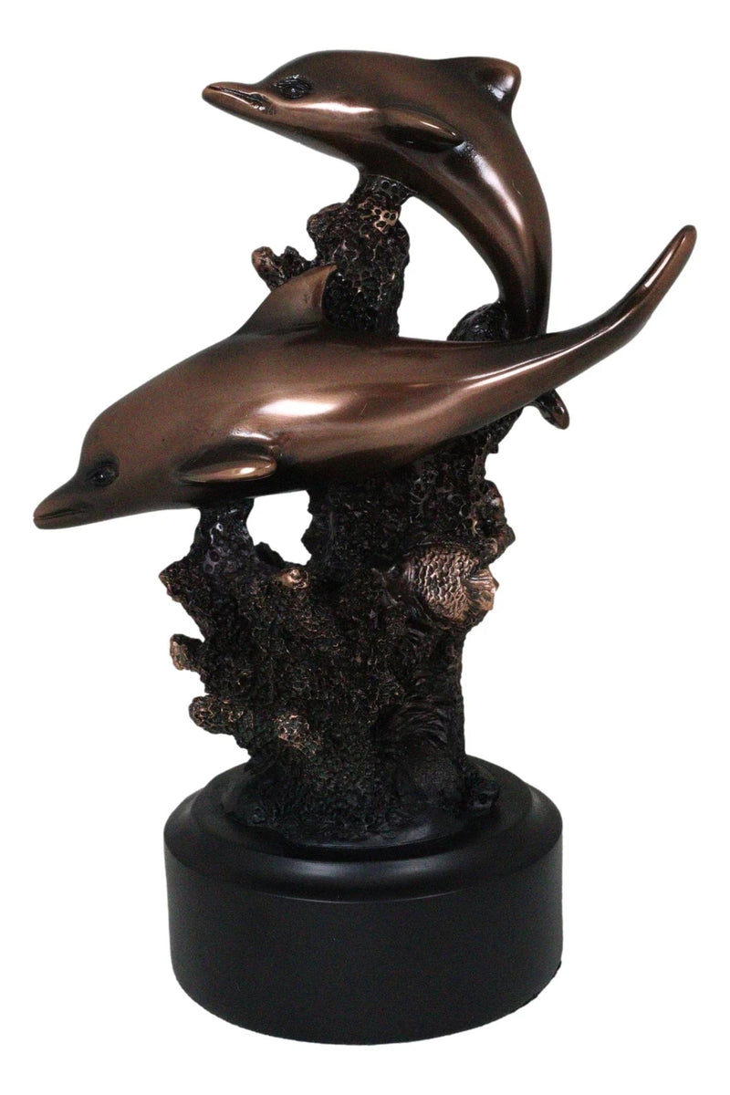 Gay Dolphins Swimming By Ocean Coral Reef Electroplated Bronze Resin Figurine-3