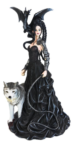 Gothic Maestra Maleficent Witch Fairy With Alpha Wolf and Black Dragon Statue-3