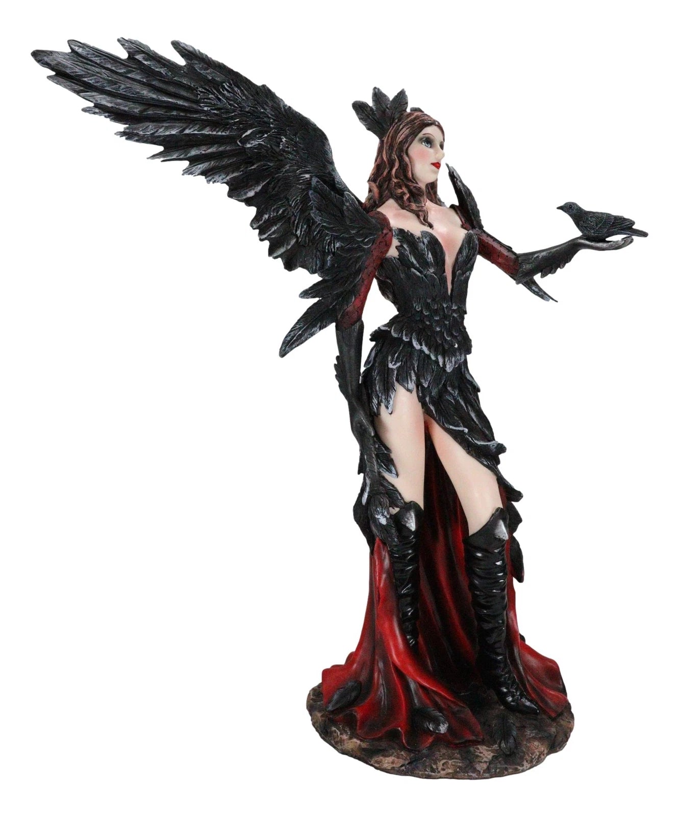 Gothic Raven Crow Trainer Angel Fairy In Black And Crimson Feather Gown Statue-4