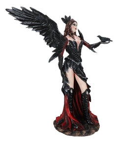 Gothic Raven Crow Trainer Angel Fairy In Black And Crimson Feather Gown Statue-4