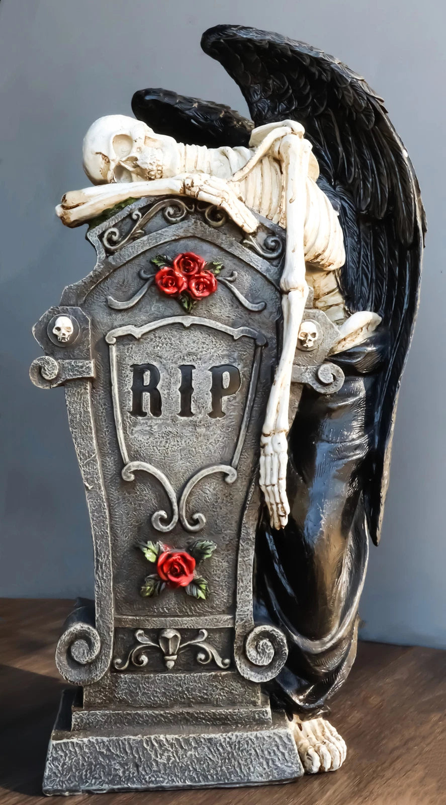 Large Winged Death Angel Grim Reaper Skeleton By Graveyard Tombstone Figurine-3