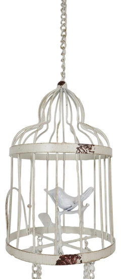 Whimsical Rustic White Bird Perching On Twig In Cage Aluminum Metal Wind Chime-3