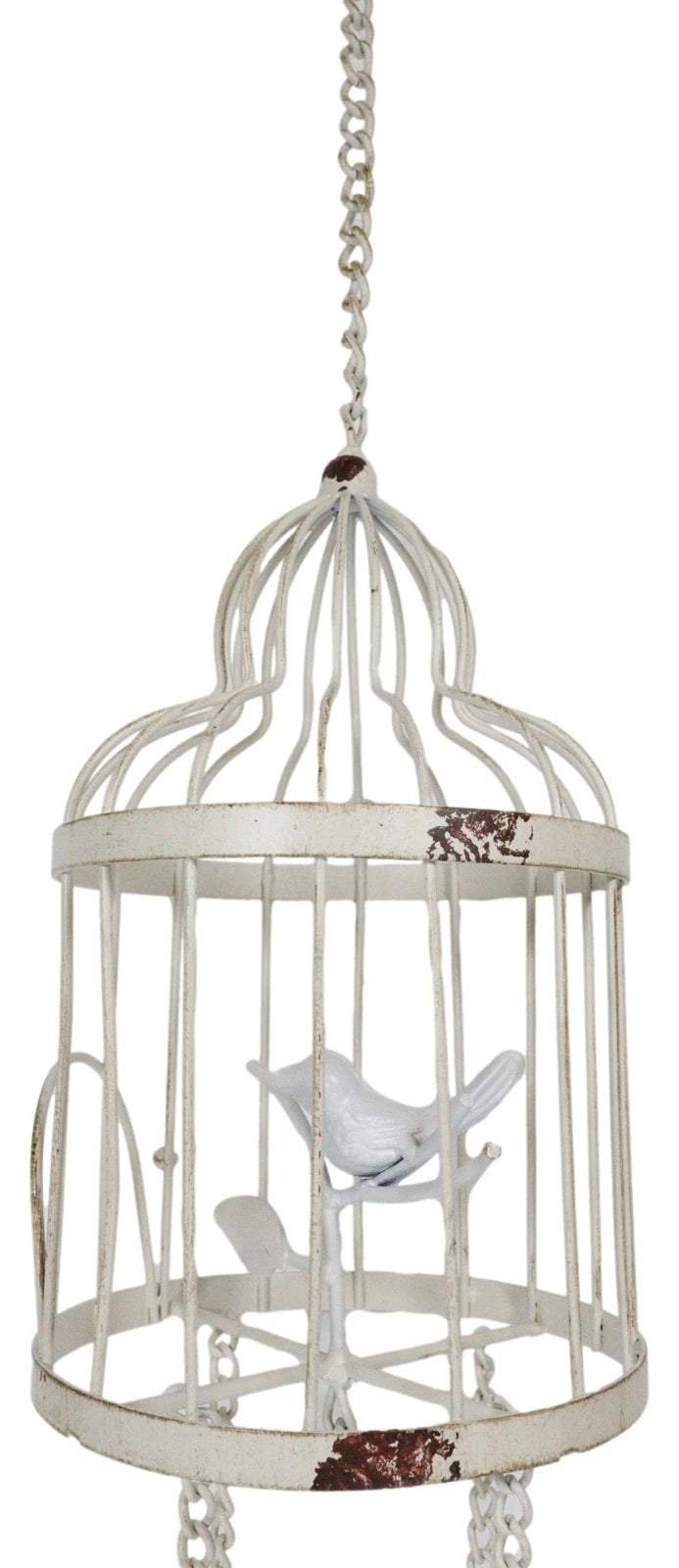 Whimsical Rustic White Bird Perching On Twig In Cage Aluminum Metal Wind Chime-3