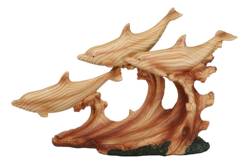 Nautical Marine Sea Ocean 3 Dolphins Swimming With Waves Faux Wood Figurine-3