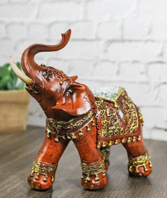 Faux Wood Trunk Up Elephant with Golden Scrollwork And Crushed Glass Figurine-2