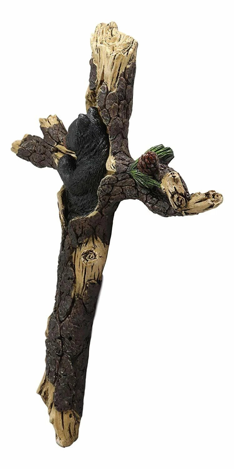 14"H Rustic Western Black Bear Cub Sleeping On Pine Tree Wall Cross Decor Plaque-3