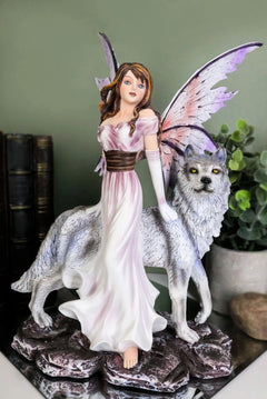 Fantasy Purple Winged Fairy Diana with Alpha Snow Direwolf Wolf Statue 10"H-1