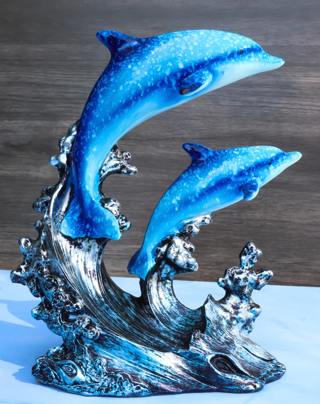 Nautical Marine Sea Ocean 2 Blue Dolphins Swimming Over Reef Waves Figurine-1