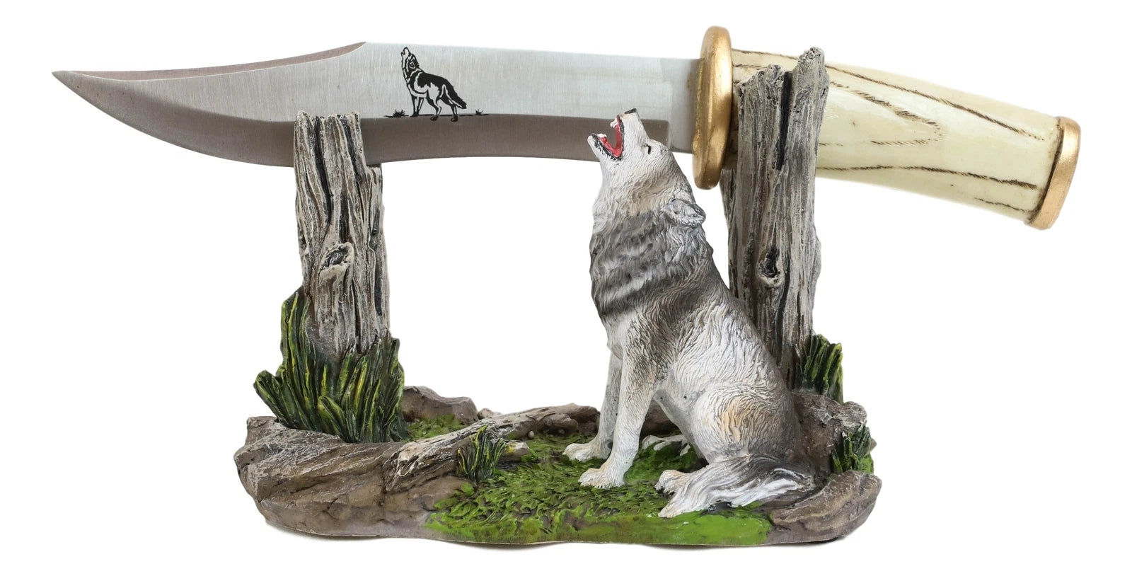 Rustic Forest Howling Gray Wolf Display With Decorative Dagger Knife Statue Set-2
