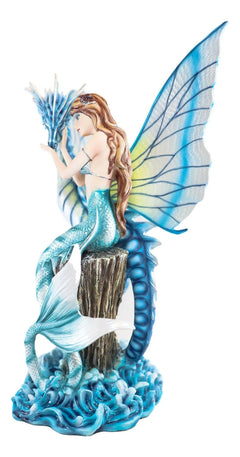 Large Nautical Blue Mermaid Feeding Leviathan Ocean Dragon Fairy Statue-3