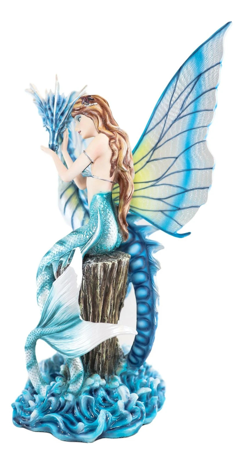 Large Nautical Blue Mermaid Feeding Leviathan Ocean Dragon Fairy Statue-3