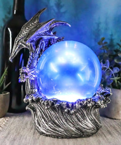 Silver Ocean Dragon Riding Tidal Sea Waves With Colorful LED Sphere Orb Figurine-1