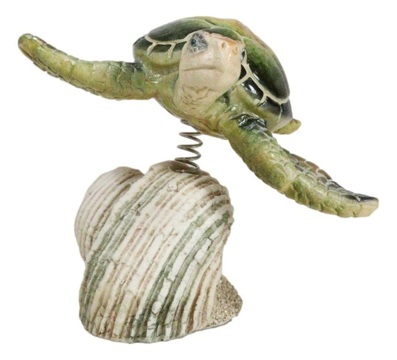 Marine Green Sea Turtle Swimming Over Partridge Tun Shell Spring Bobble Figurine-3