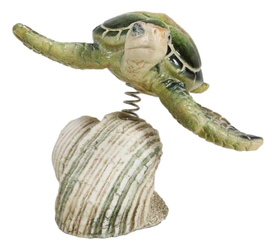Marine Green Sea Turtle Swimming Over Partridge Tun Shell Spring Bobble Figurine-3