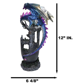 Medieval Blue Dragon Perching On Abandoned Castle Tower Ruins Figurine 12"H-3