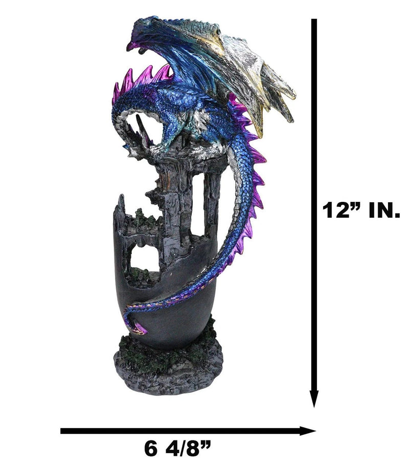 Medieval Blue Dragon Perching On Abandoned Castle Tower Ruins Figurine 12"H-3