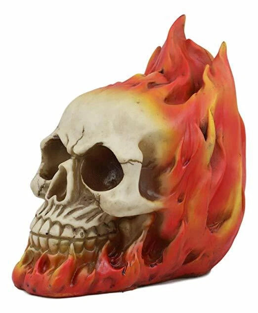 Ghost Rider Skull with Fire Flame Skeleton Figurine Halloween Decor 6"L-2