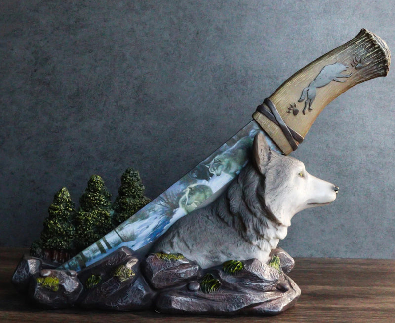 Gray Wolf In Forest Centerpiece With Hunting Knife Letter Opener Statue-1