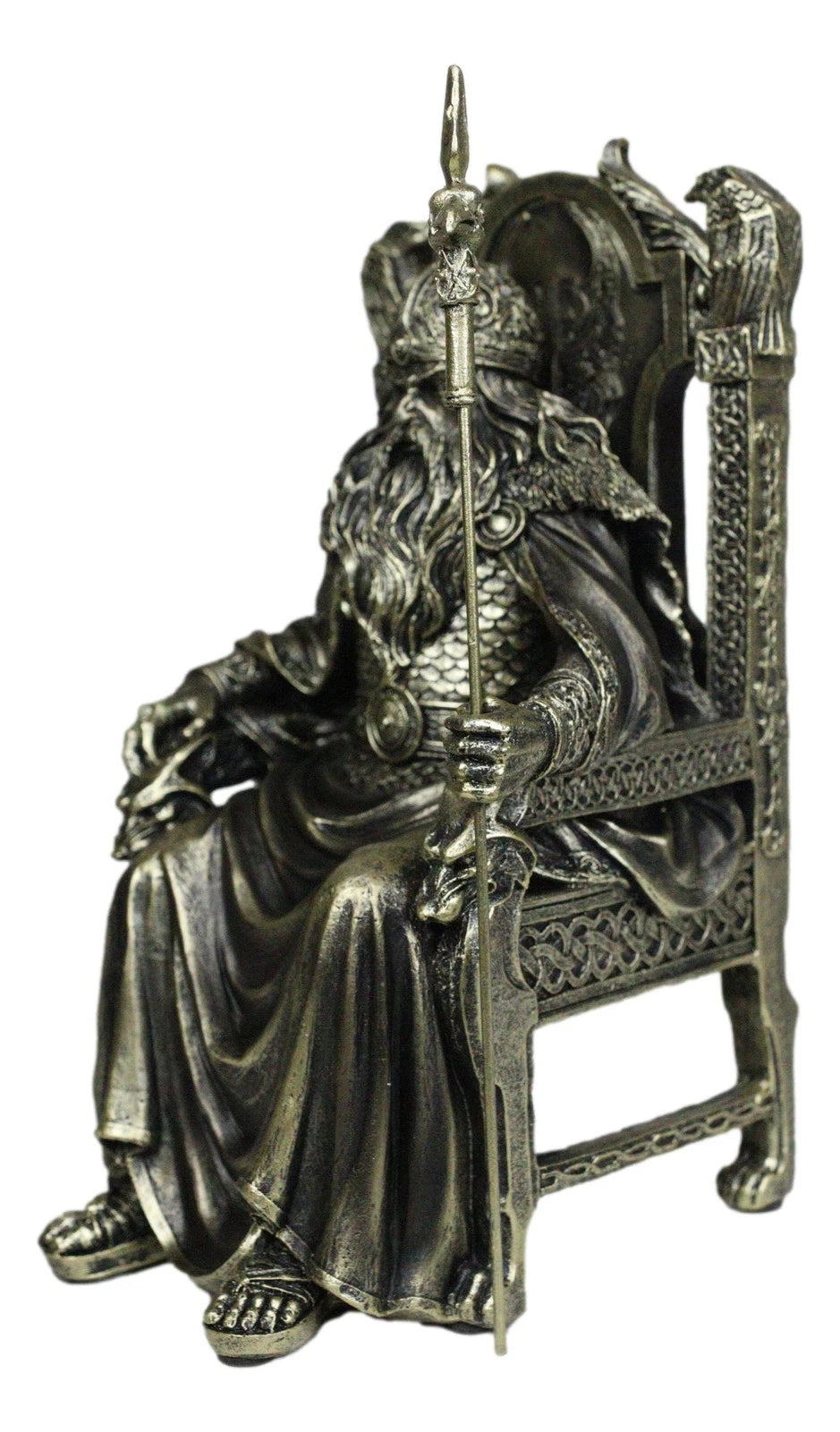 Norse Viking Odin The Alfather Sitting On A Throne with Raven Spear Statue-2