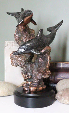 Marine 2 Black Dolphins Swimming by Coral Reef Electroplated Bronze Figurine-1