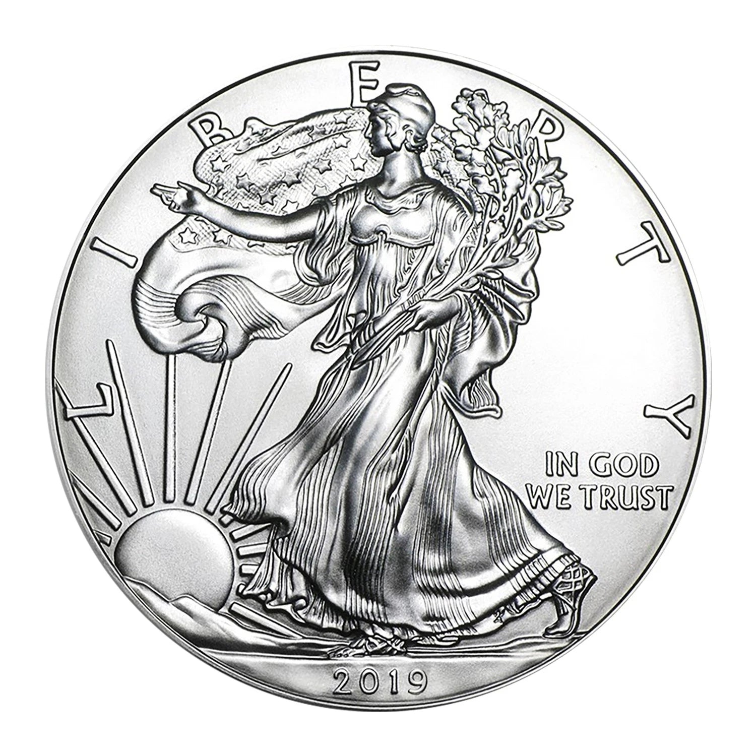 Moneda American Silver Eagle brillante sin circular de $1 de 2019 con soporte Airtite