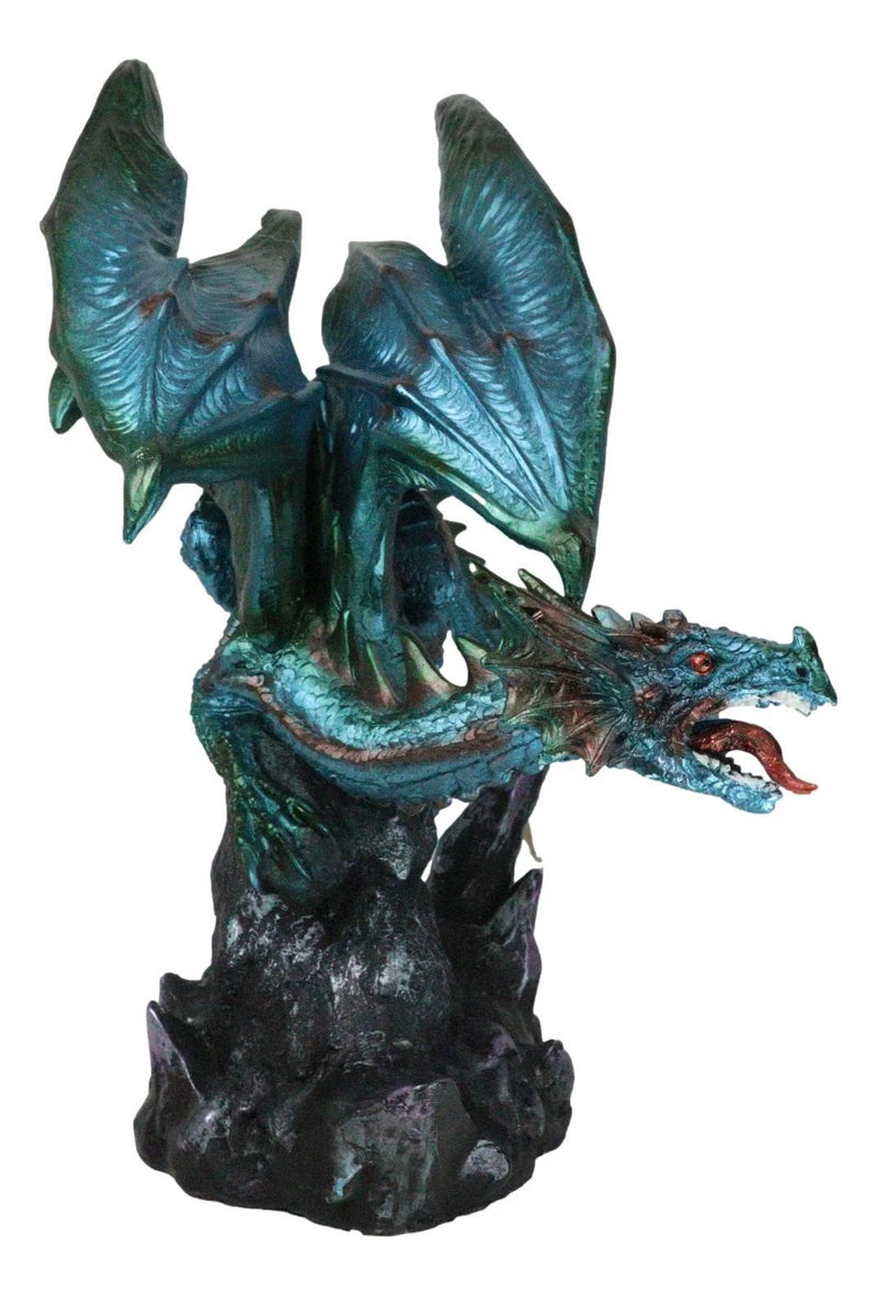 Large Aquamarine Iridescent Dragon Guarding LED Faux Crystal Geode Rock Figurine-2