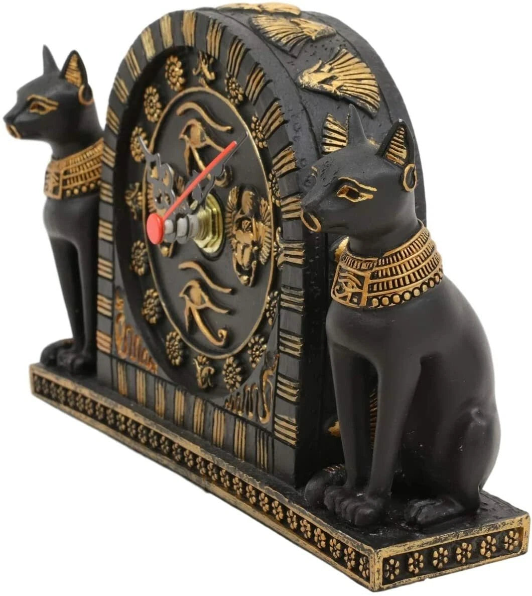 Estatua de reloj de mesa Bastet del antiguo Egipto, de 17 cm de largo y con números romanos.