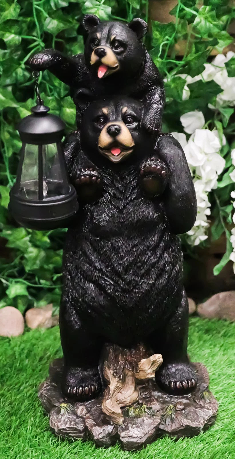 Rustic Black Bear Carrying Cub On Shoulder Statue Solar LED Lantern Light Decor