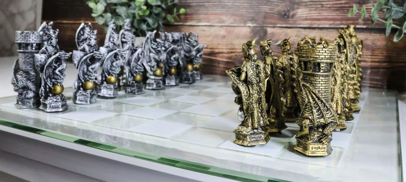 Silver and Gold King Arthur Merlin Dragons Chess Pieces with Board Set