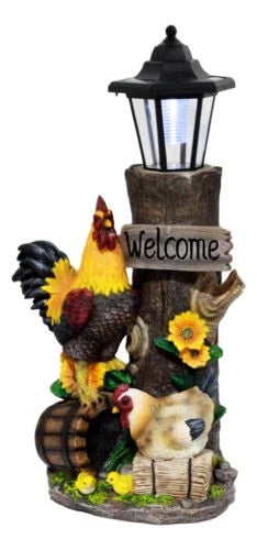 Country Farm Rooster Hen Chicks Family By Sunflowers Solar Light Lantern Statue-3