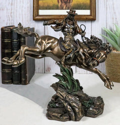 Rustic Western Rodeo Cowboy Riding On Galloping Wild Mustang Horse Figurine-1