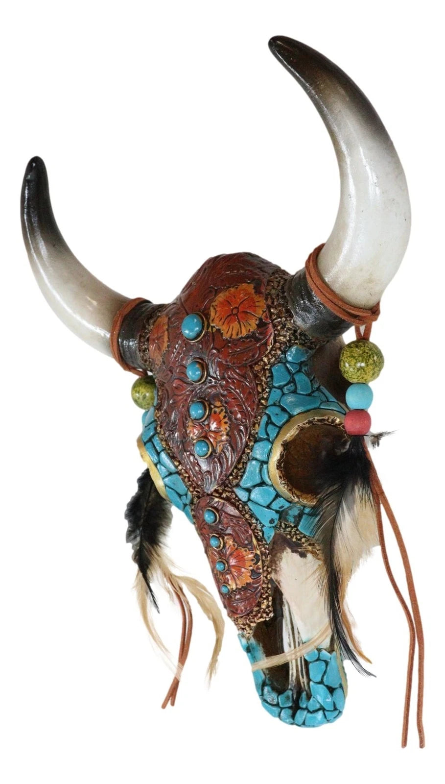 Southwest Tooled Leather Cow Skull With Turquoise Gems And Feathers Wall Decor-4