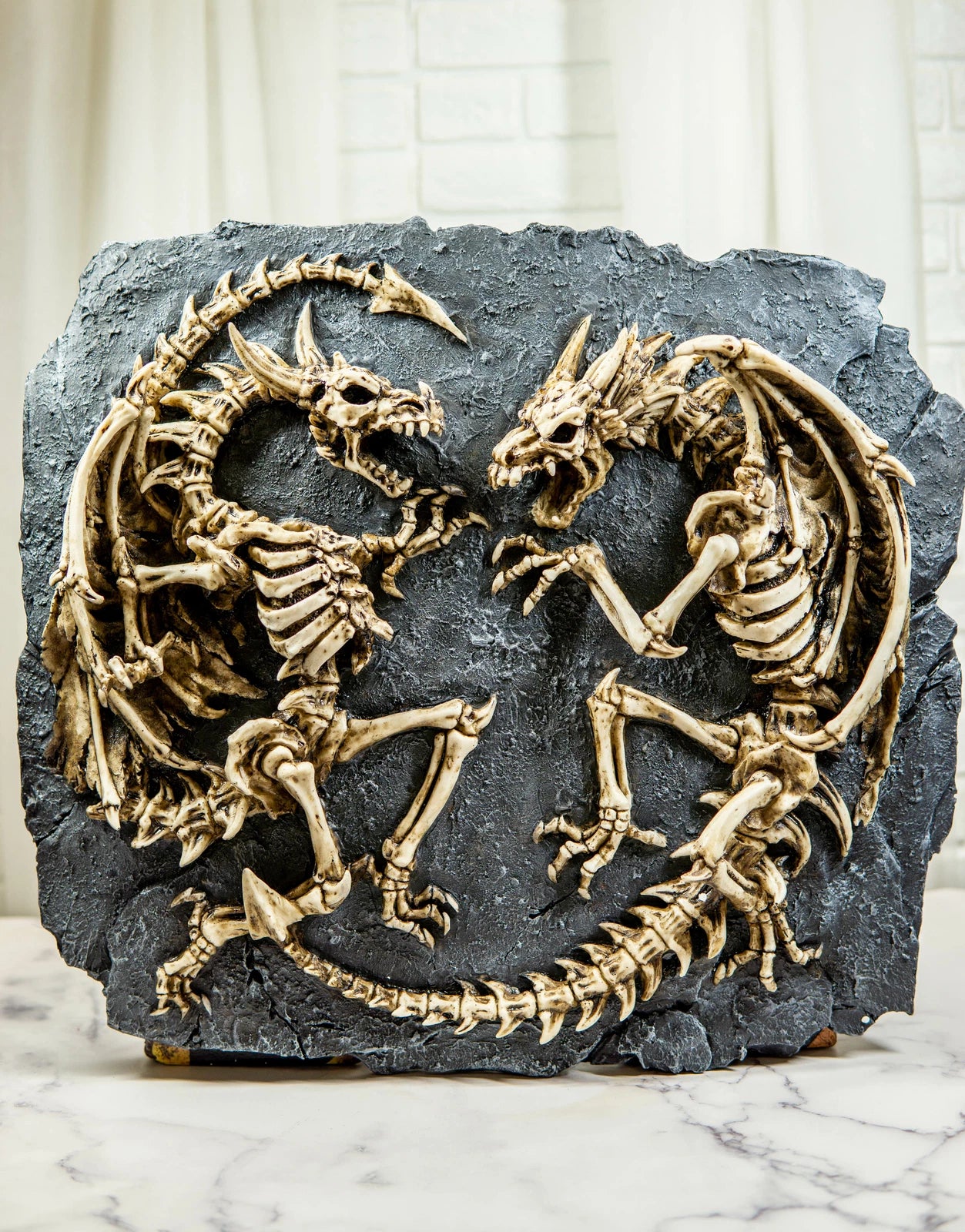 Faux Fossil Rock Block With 2 Dueling Skeleton Dragons Exotic Wall Decor Plaque-1