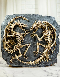 Faux Fossil Rock Block With 2 Dueling Skeleton Dragons Exotic Wall Decor Plaque-1