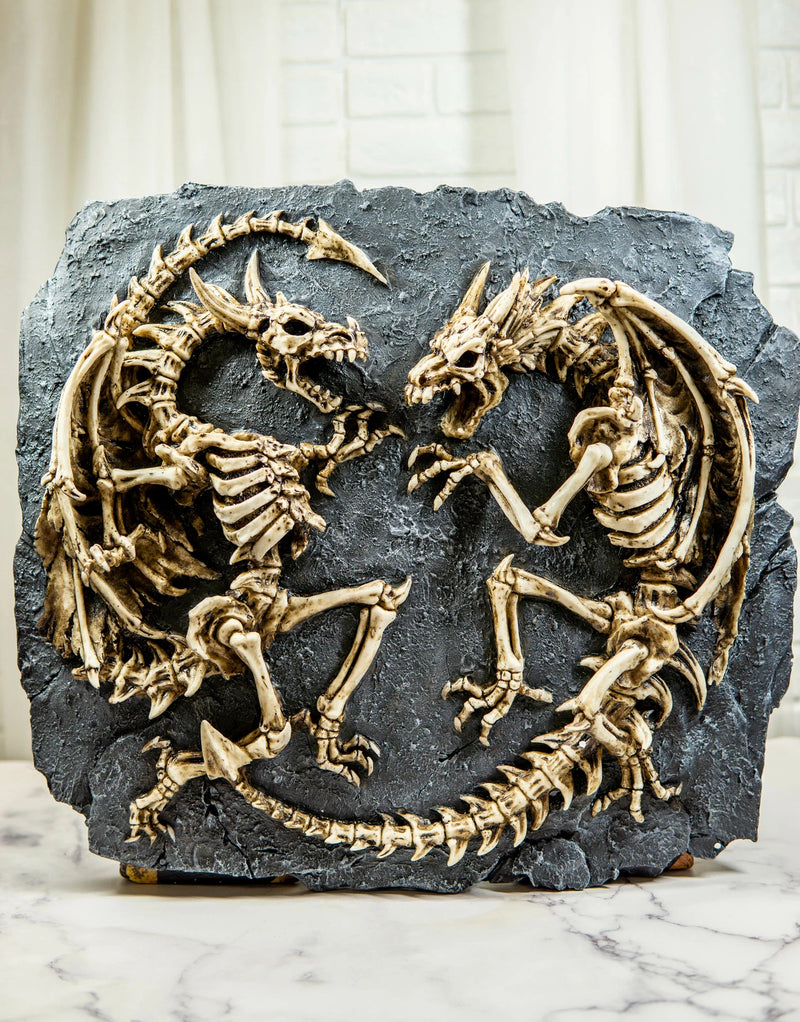 Faux Fossil Rock Block With 2 Dueling Skeleton Dragons Exotic Wall Decor Plaque-1