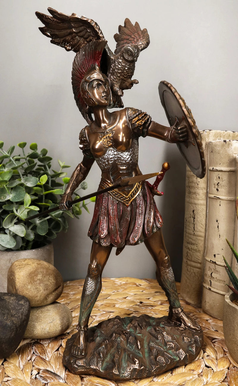 Athena Minerva With Wise Owl Statue Goddess Of Wisdom Sculpture 12"H-1