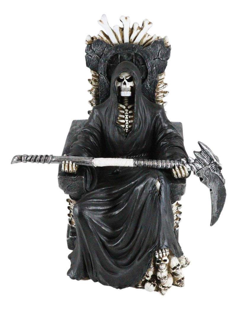 Grim Reaper Figurine, Death Skeleton Throne Statue 10.5" Tall Gothic Home Decor, Sitting Reaper Collectible, Halloween Accent, Desk or Shelf Ornament, Dark Fantasy Sculpture-3