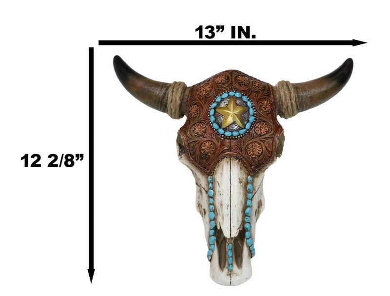 Western Star Tooled Leather Steer Bison Buffalo Bull Cow Horned Skull Wall Decor-5