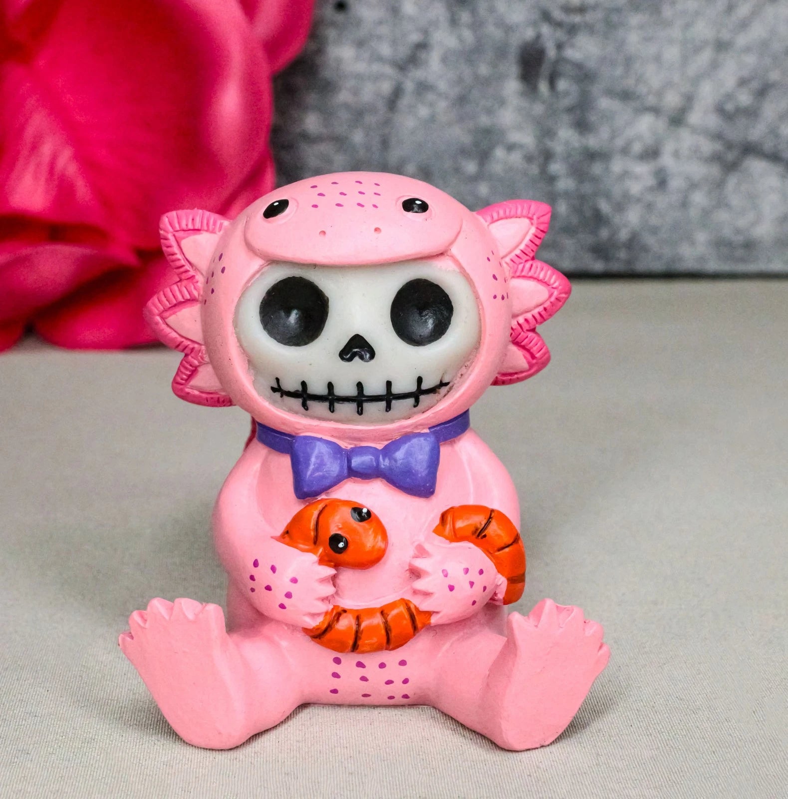 Furrybones Cute Pink Loti The Axolotl Holding Worm Skeleton Figurine Furry Bones-1