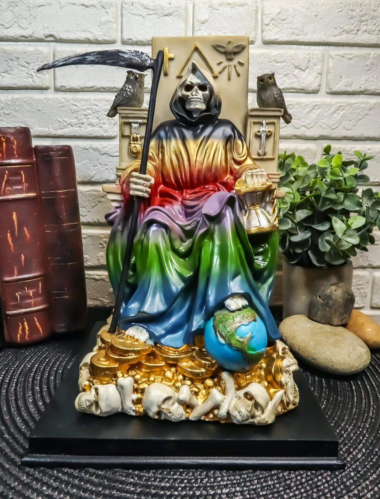 Rainbow Robe Holy Santa Muerte Seated On Throne with Scythe Statue 10.5"H
