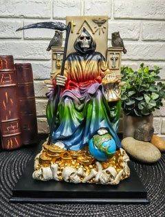 Rainbow Robe Holy Santa Muerte Seated On Throne with Scythe Statue 10.5"H-1