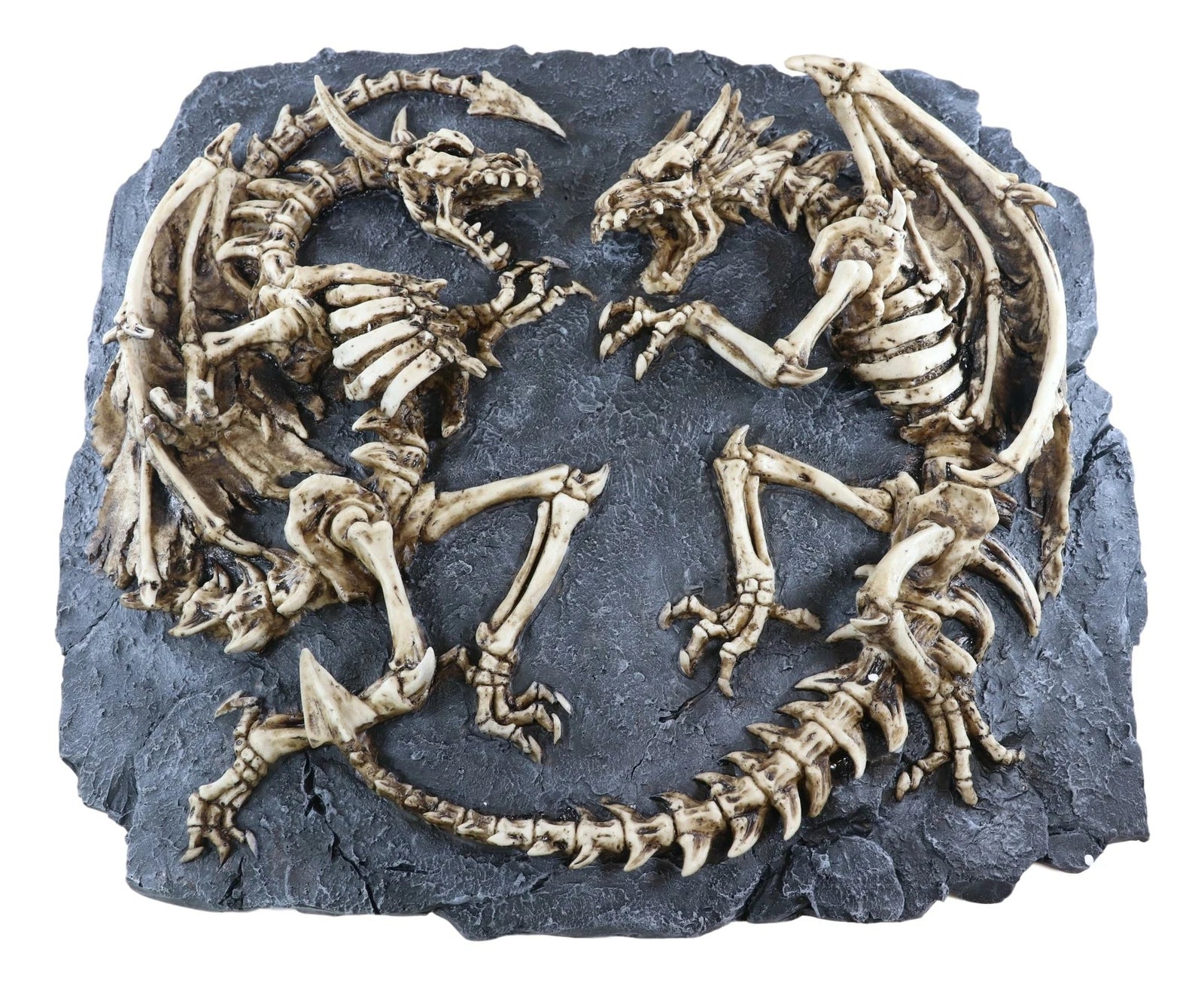 Faux Fossil Rock Block With 2 Dueling Skeleton Dragons Exotic Wall Decor Plaque-2