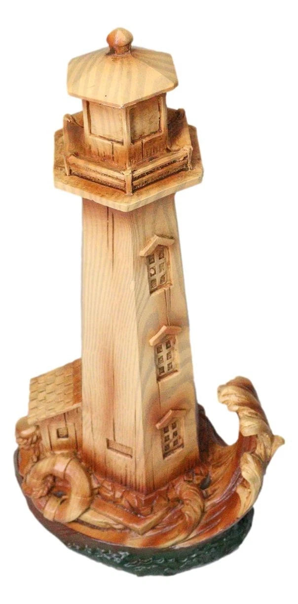 9"H Nautical Lighthouse With Life Ring Buoy And Crashing Ocean Wave Statue-7