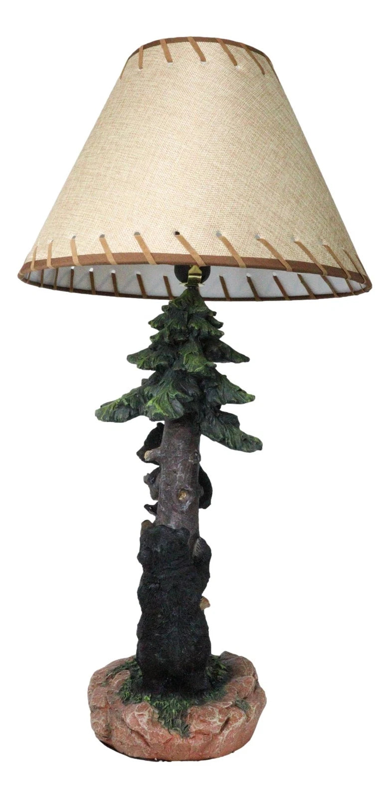 Rustic Western Forest Black Mama Bear With Cubs Climbing On Pine Tree Table Lamp-4