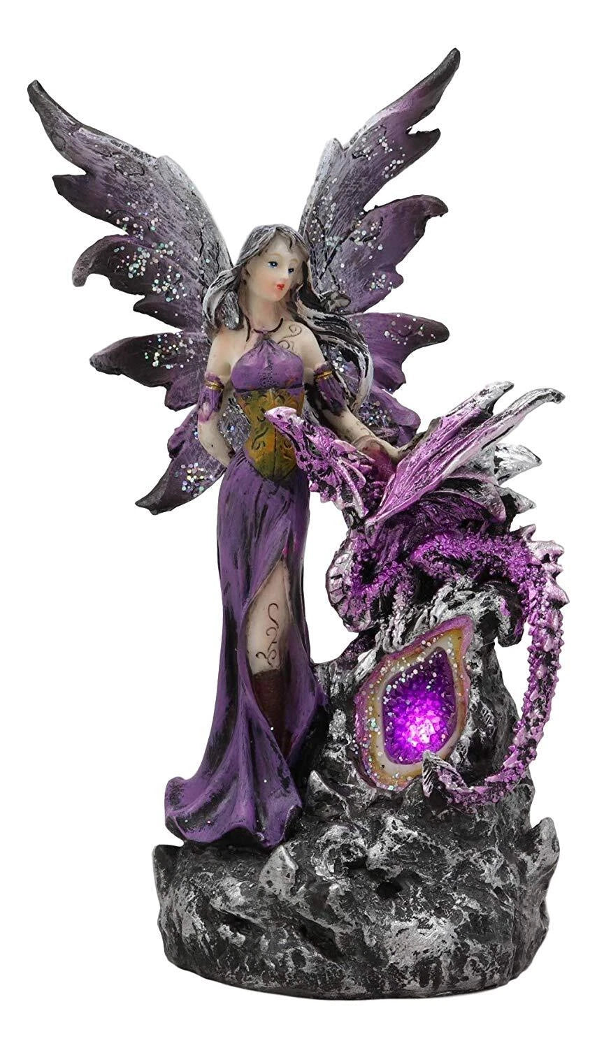 Purple Fairy With Dragon Sitting On LED Crystal Geode Night Light Statue Decor-6