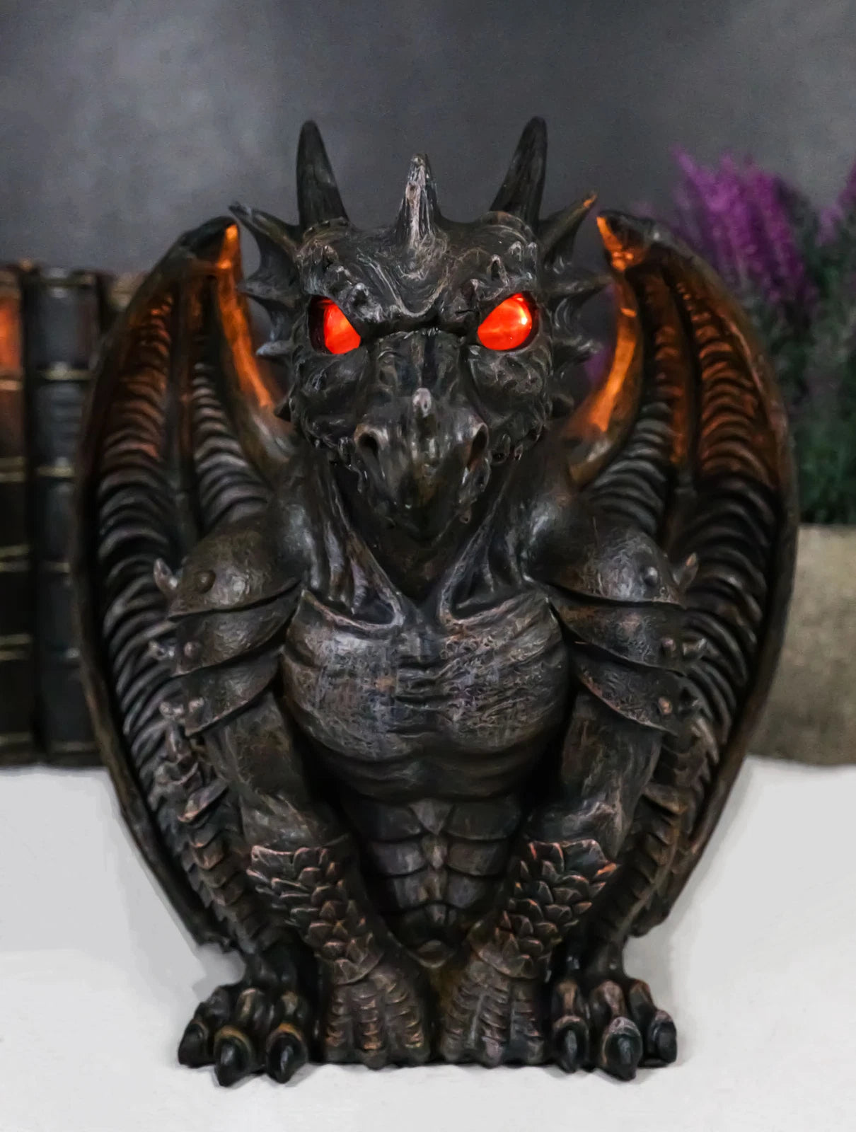 Gothic Winged Dragon Guard Gargoyle With Translucent Eyes Candle Holder Figurine-1